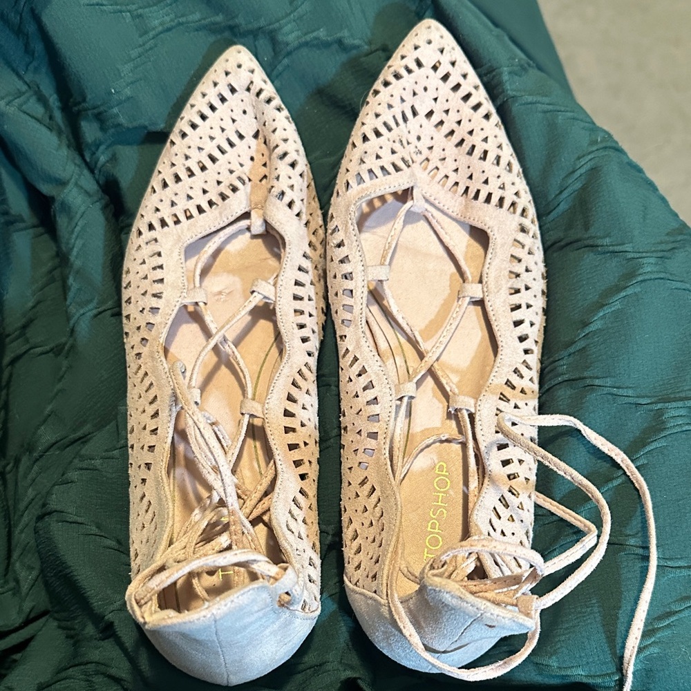 Topshop Women's Pink Beige Lace-Up Flats